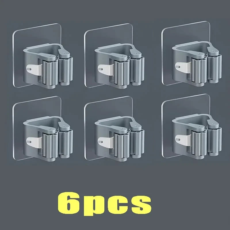 Set of 6 grey wall-mounted mop and broom holder clips