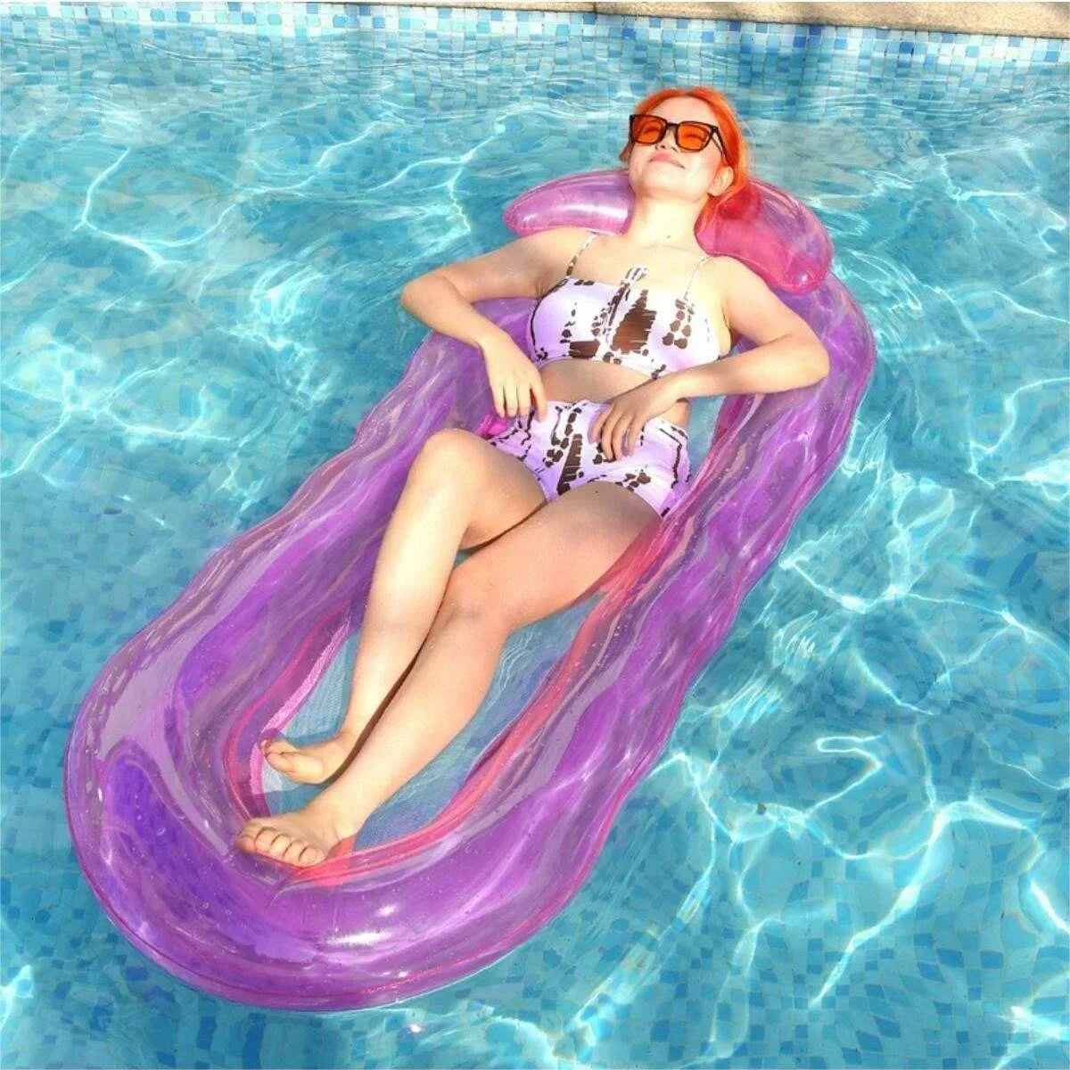 Inflatable pool lounger float, purple-pink with raised headrest for adults
