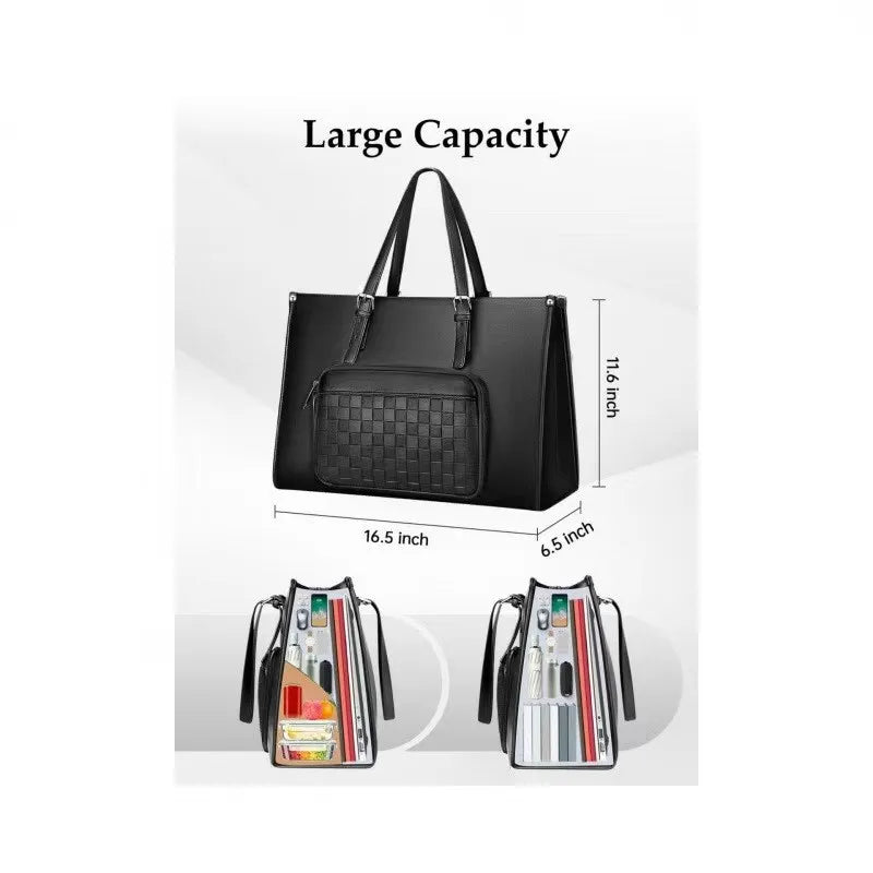 Black large-capacity tote bag with woven front pocket and wide double handles