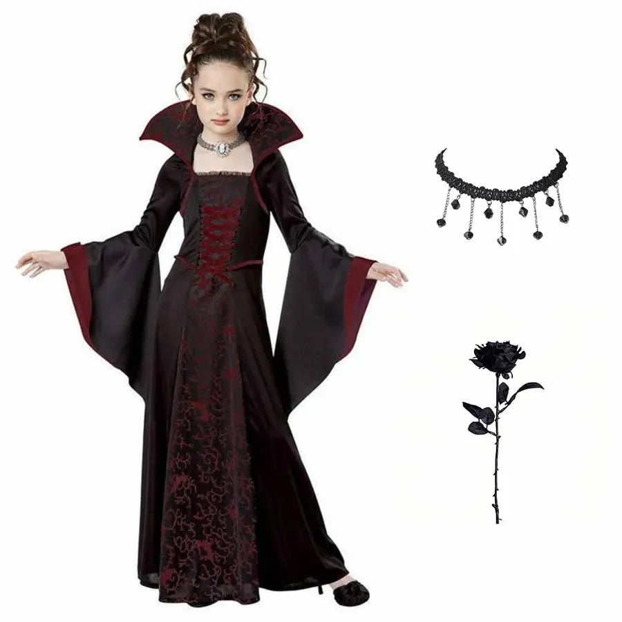 Kids vampire gothic dress costume in dark maroon and black with cape sleeves