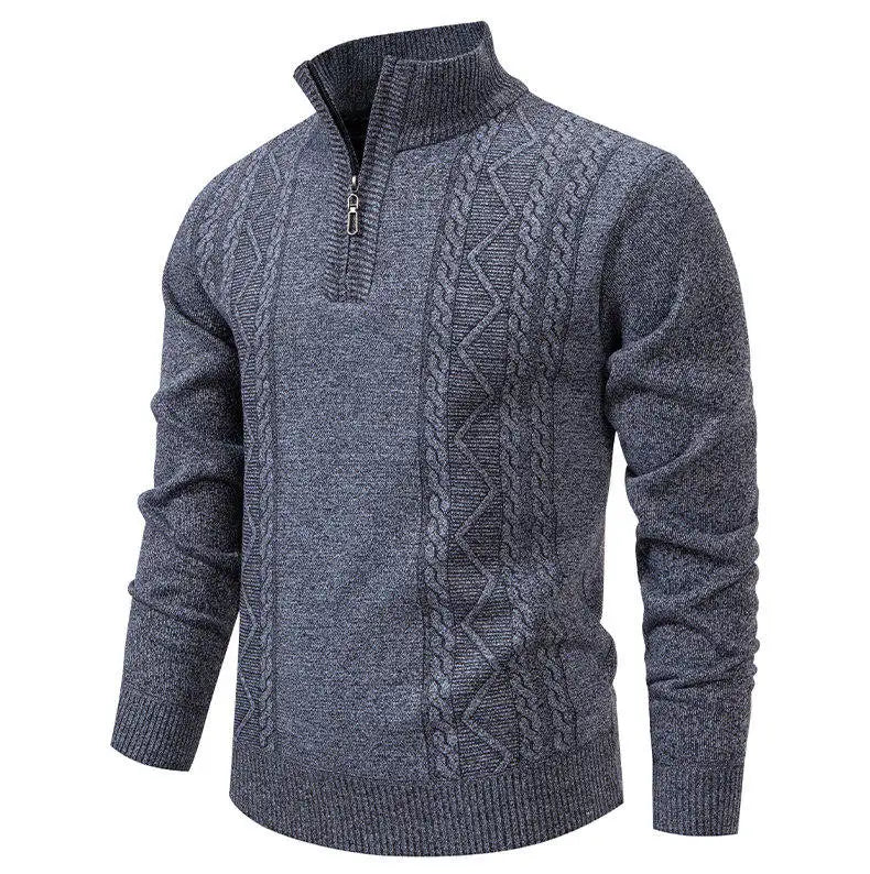 Men's knit pullover sweater, heather gray, stand collar half-zip (front view)