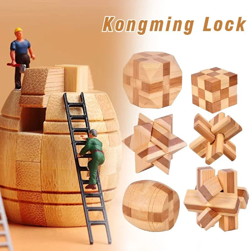 Wooden Kong Ming lock brain teaser puzzle with interlocking pieces