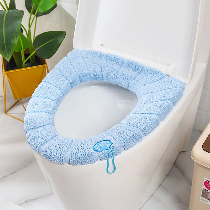 Toilet seat cover mat cushion, thick light blue with handle loop and oval cutout
