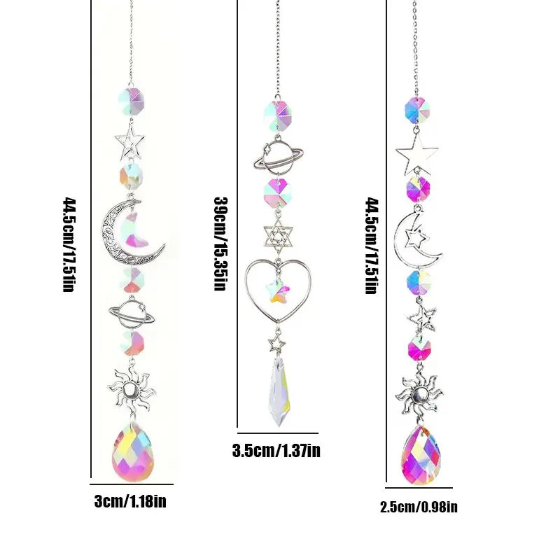 Crystal wind chime suncatcher size chart with three hanging styles and moon star sun charms