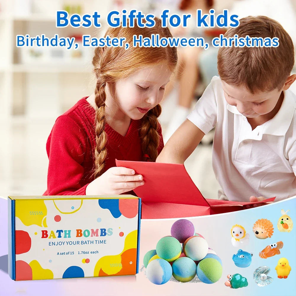 Bath bombs gift box with 15 colorful bath bombs and small animal surprise toys