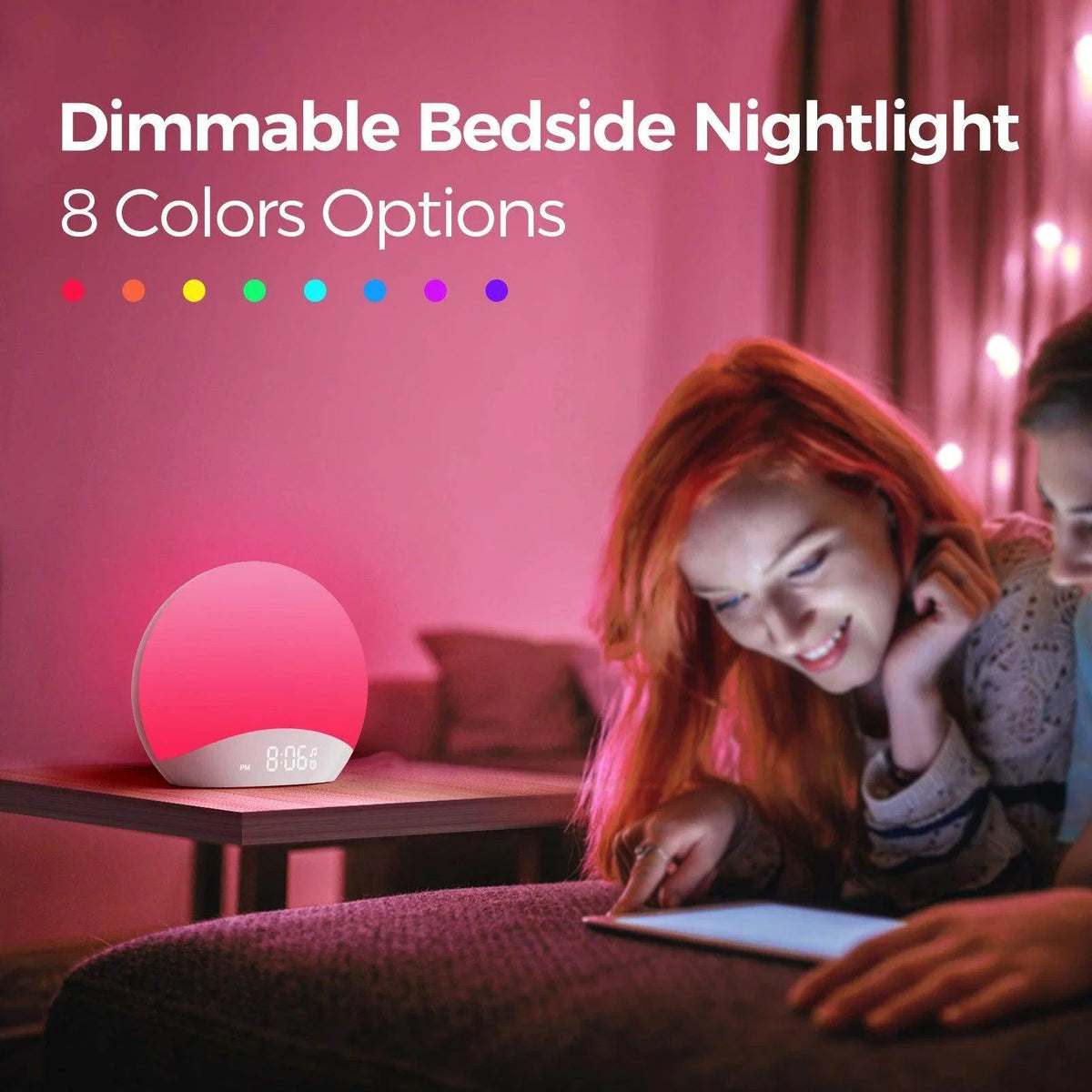 Dimmable bedside nightlight alarm clock with pink light dome and timer display