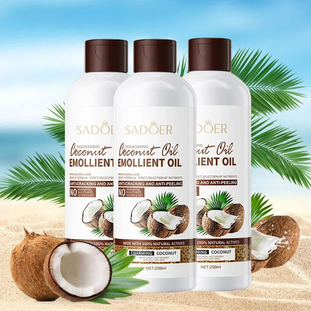 SADOER 250ml coconut emollient oil bottles with dark brown caps