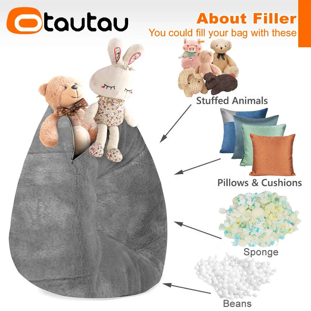Gray faux fur bean bag pouf cover, empty shell shown for filler-free use