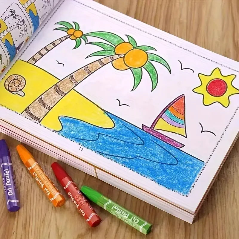 Kids coloring book open page with palm tree, yellow stars, mountains, and blue water