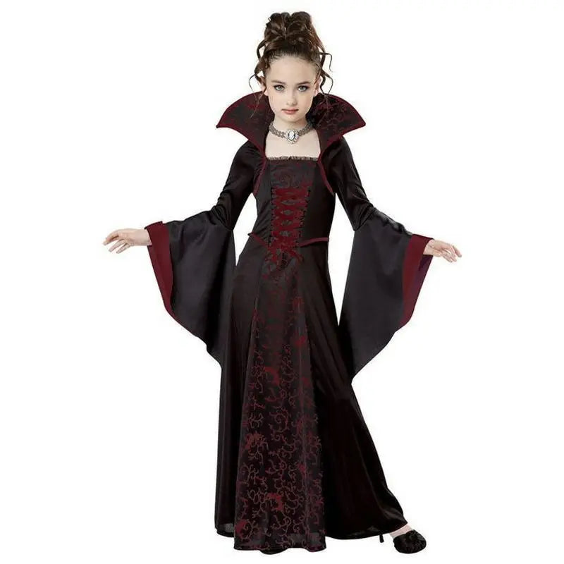Kids vampire gothic dress costume in dark maroon and black with wide cape