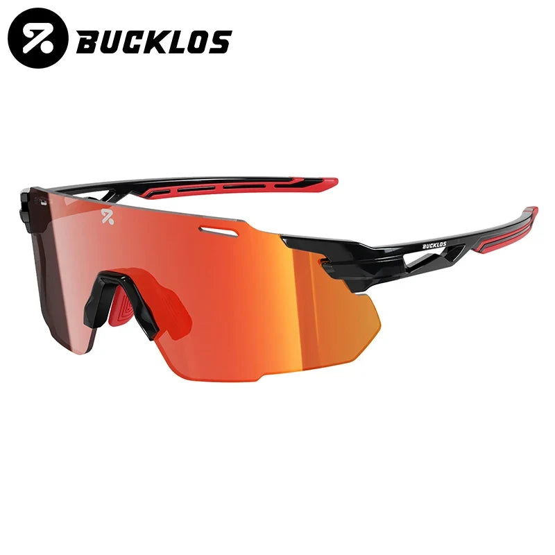 Cycling goggles with black and red frame and orange mirrored lens