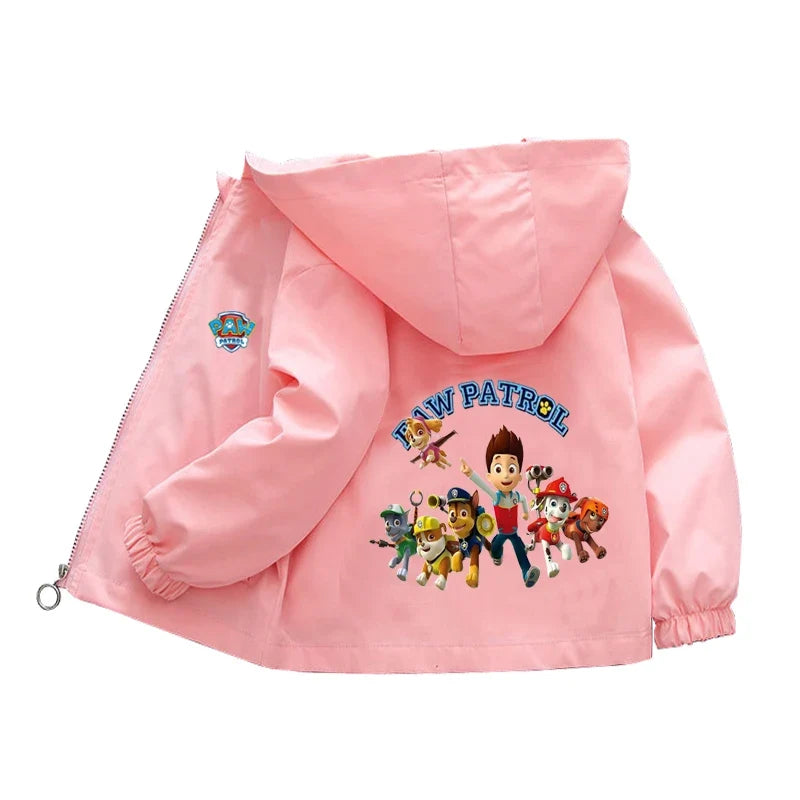 Pink kids zip hooded windbreaker with PAW PATROL logo and character group