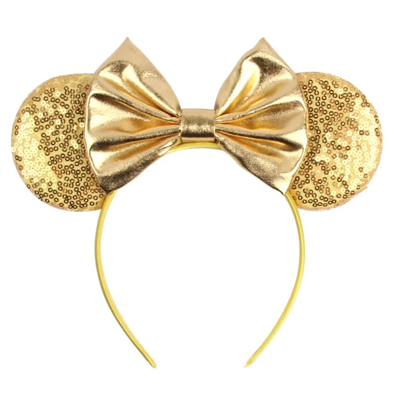 Gold sequin Mickey ears headband with gold satin bow