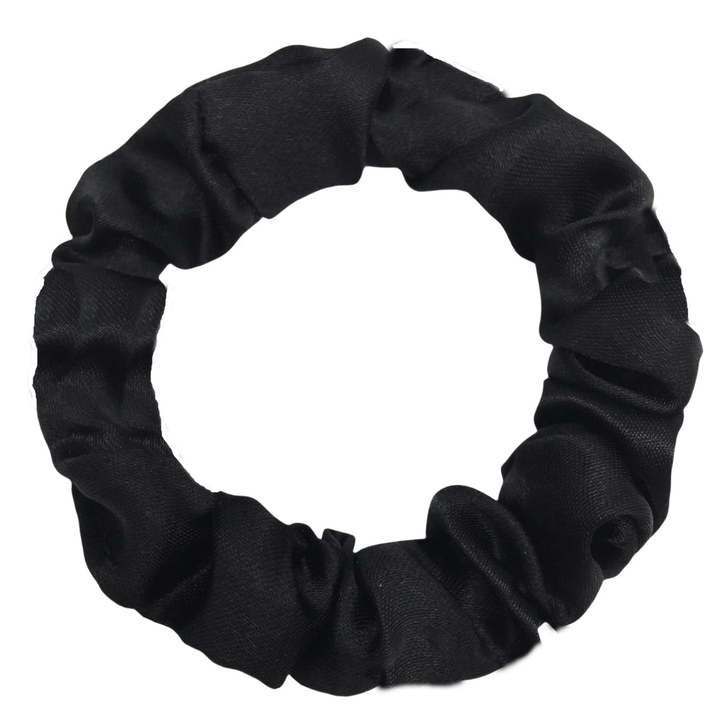 Silk satin scrunchie in dark black, soft gathered hair tie