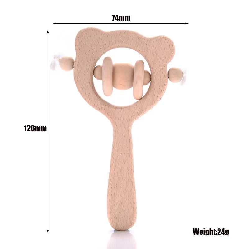 Wooden animal ring baby teether with inner teething ring and two small side pom accents