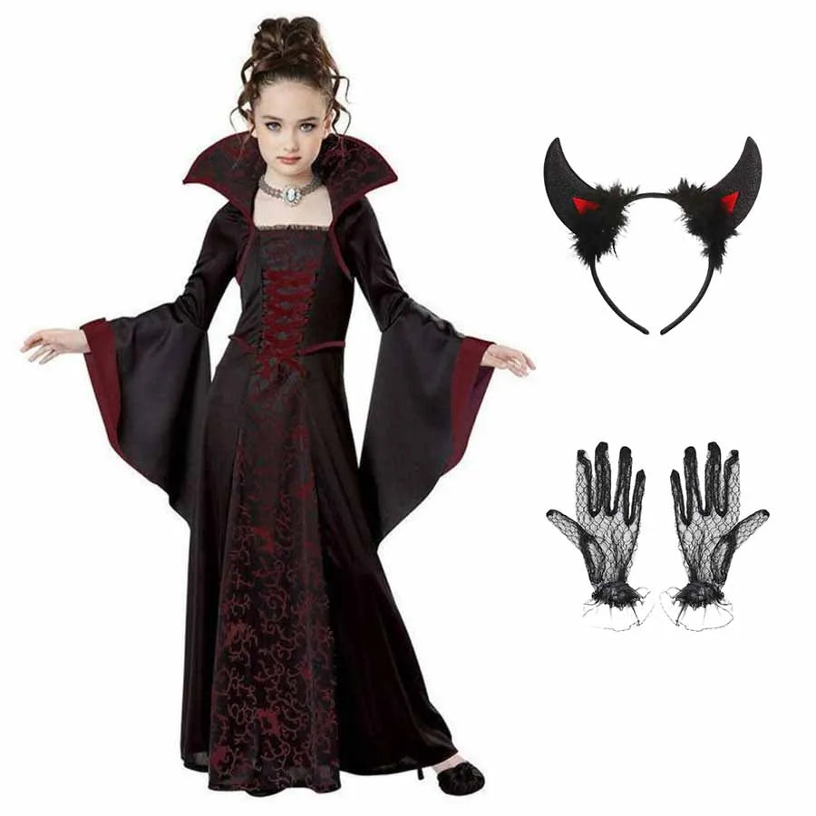 Girls dark vampire tutu dress with cape sleeves; includes devil-ear headband and black glove props
