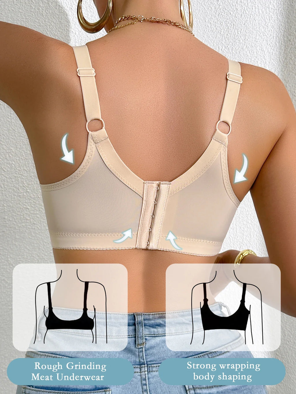 Beige lace push-up bra with adjustable straps and back closure, back view