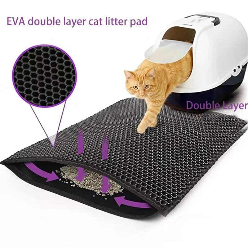 Double-layer cat litter mat with black hex-pattern grid surface and raised edges