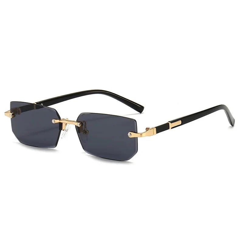 Rimless square sunglasses with dark blue lenses and black frame arms, gold accents.