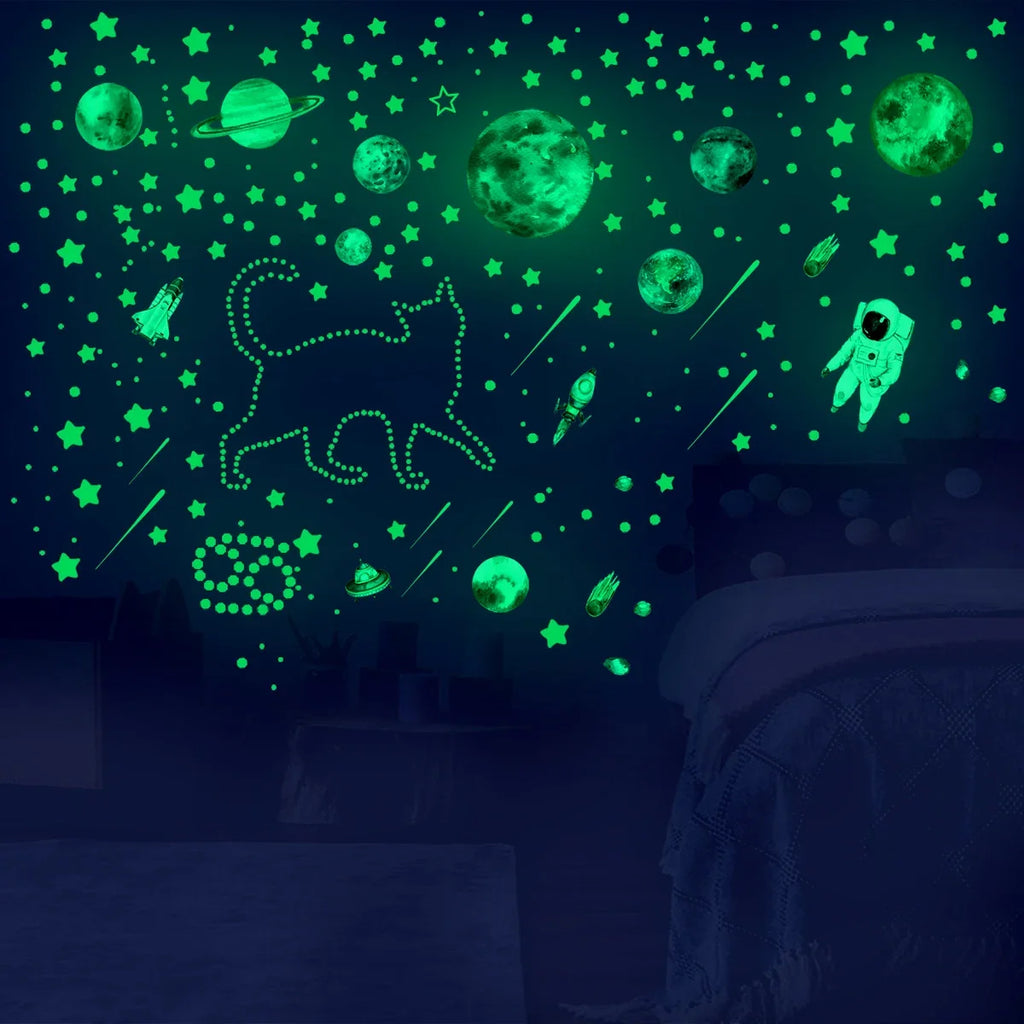 Green glow space wall stickers with star clusters, planets, and astronaut