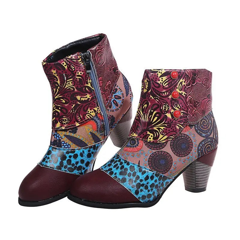 Women’s patterned ankle boots with side zipper and stacked heel in maroon and blue tones