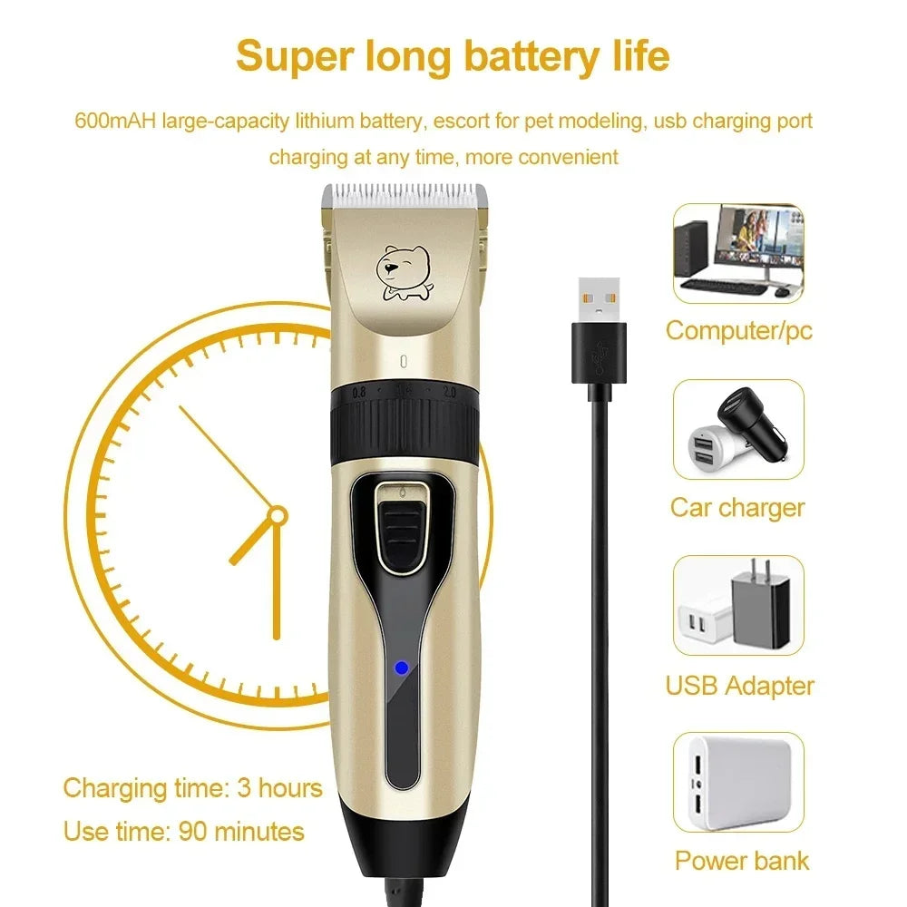 Gold USB rechargeable pet clipper with charging cable, front view