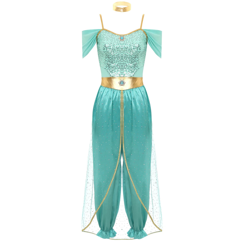 Turquoise sequined off-shoulder costume with gold trim, sash belt, and sheer panel