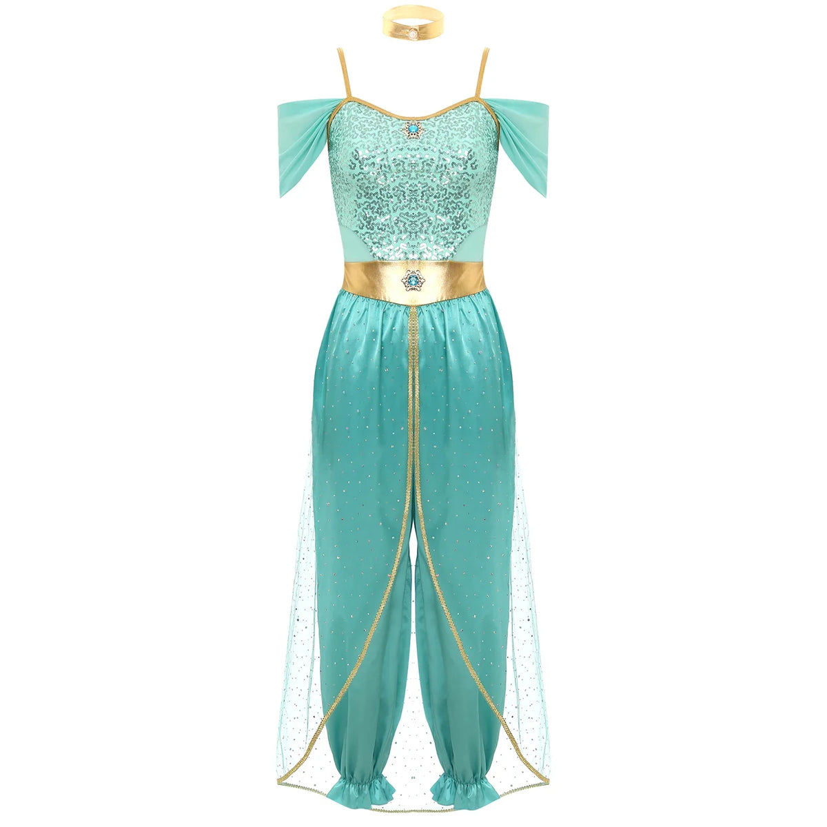 Turquoise sequined off-shoulder costume with gold trim, sash belt, and sheer panel