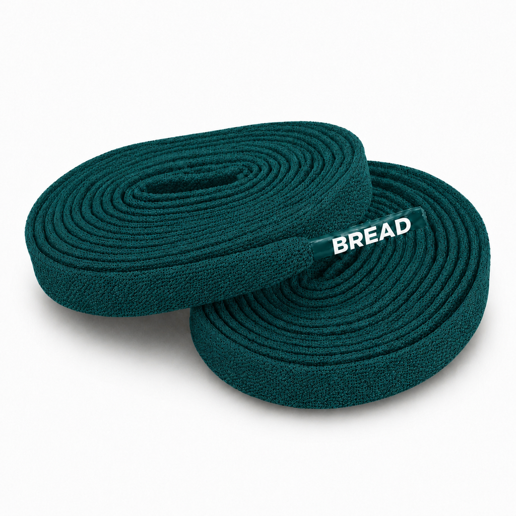 Sea green elastic shoelace bundle, two coiled rolls with BREAd label