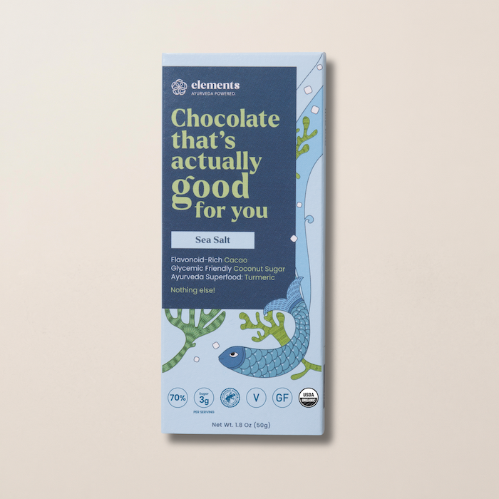 Sea salt chocolate bar packaging, blue box with fish graphic and nutrition badges.