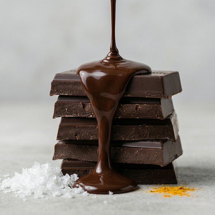 Stack of dark chocolate squares with glossy chocolate drizzle and sea salt crystals at base.
