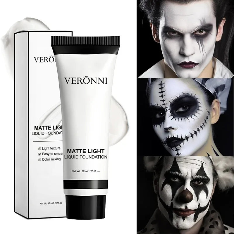 Matte liquid foundation tube with box beside pale cosplay makeup portraits