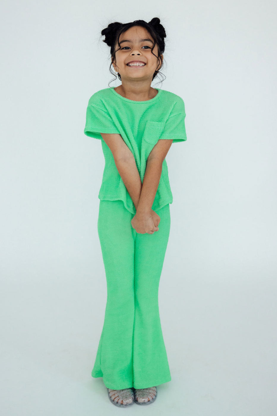 Seafoam green short-sleeve top and flared pants set, scoop neck, matching knit