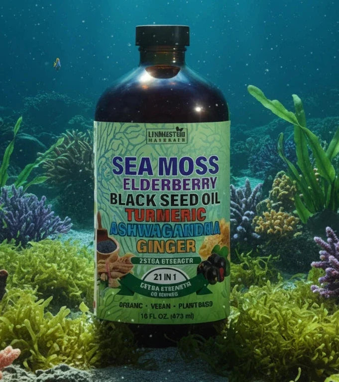 Sea moss supplement bottle with a green label listing elderberry, black seed oil, turmeric and ginger