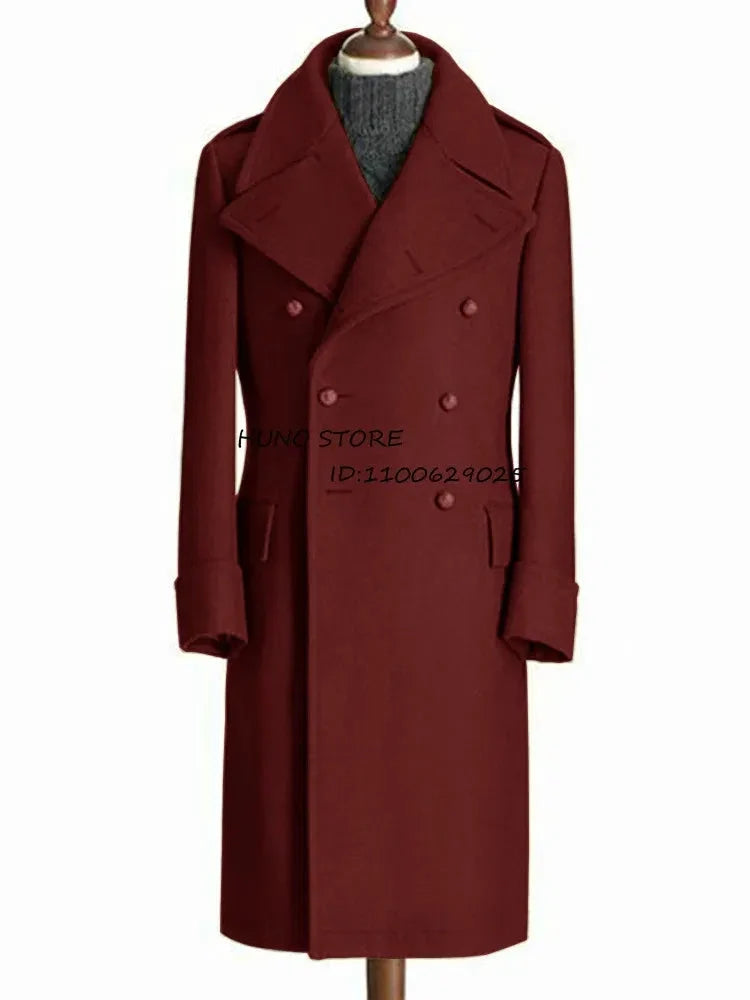 Men's long wool double-breasted coat with lapels, deep maroon, on mannequin