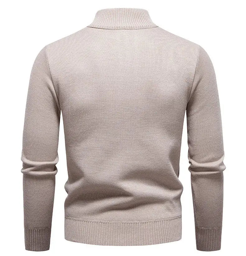 Men's beige knit half-zip pullover sweater back view, stand collar and ribbed hem