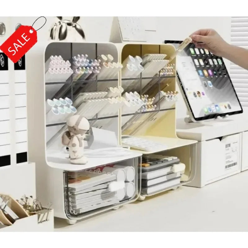 White desk pen organizer with clear shelves and multiple storage compartments