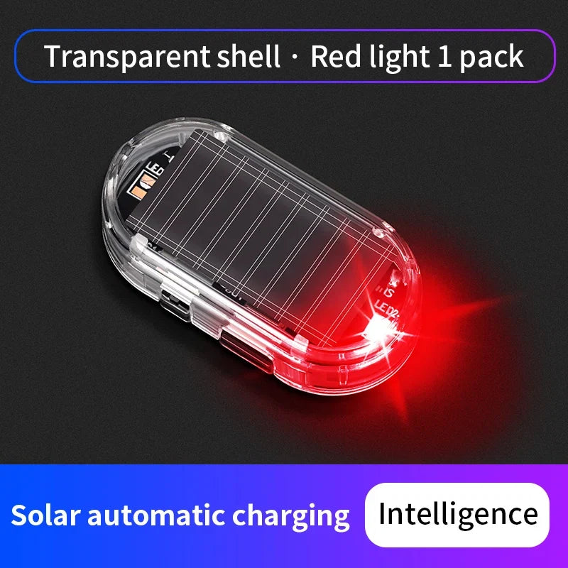 Transparent-shell solar dummy alarm light with red LED glow, oval clear housing
