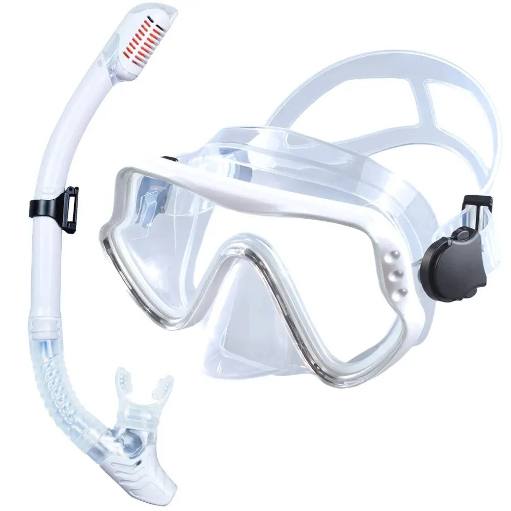 Adults dry snorkeling mask and snorkel set with clear frame and clear silicone snorkel tube.