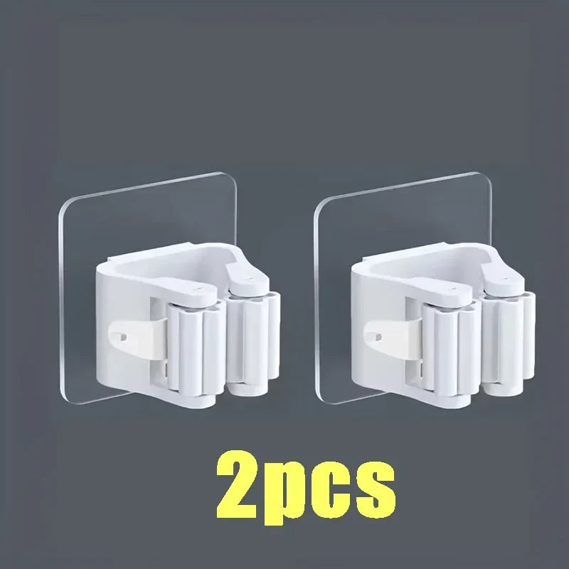 Wall mop and broom holder clips, set of 2, white adhesive organizers