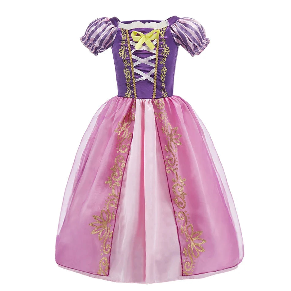 Kids princess cosplay dress with purple bodice, pink skirt, puff sleeves and bow lacing