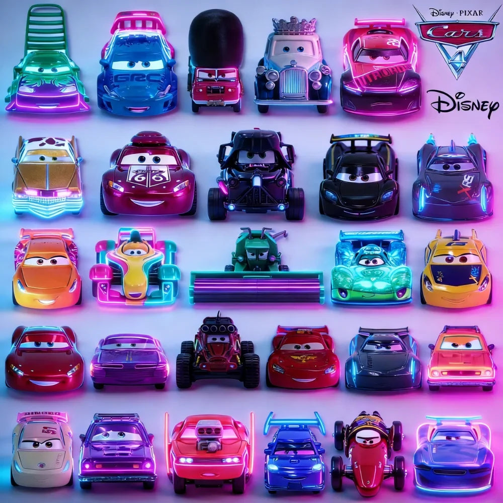 Assorted diecast racing car toy vehicles, front views in multiple colors