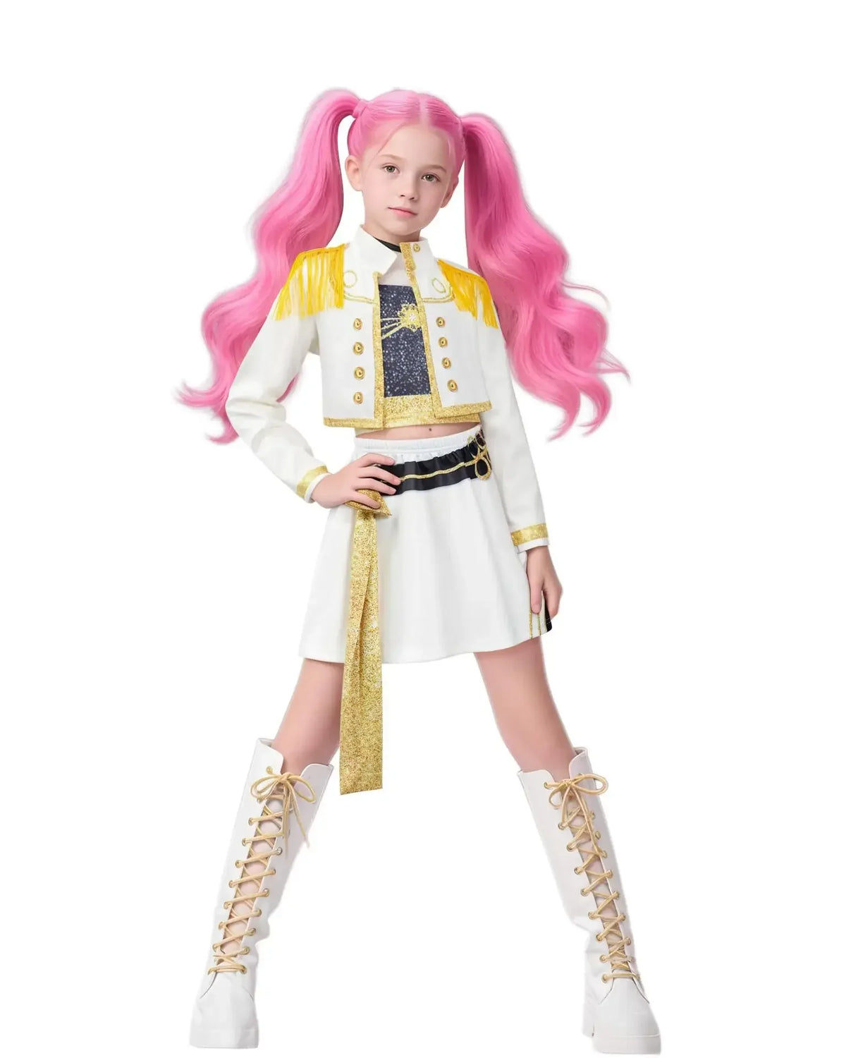 Girls Zoey Rumi Mira cosplay costume: white jacket with gold trim, skirt, belt, boots