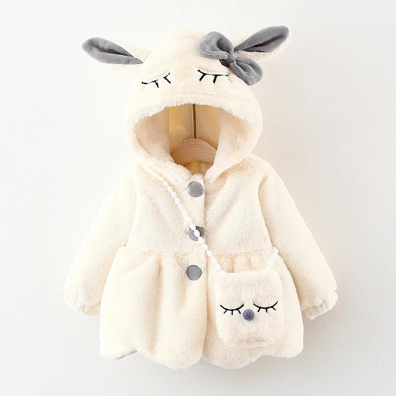 Newborn girls bunny-ear hooded faux-fur jacket in off-white with button front