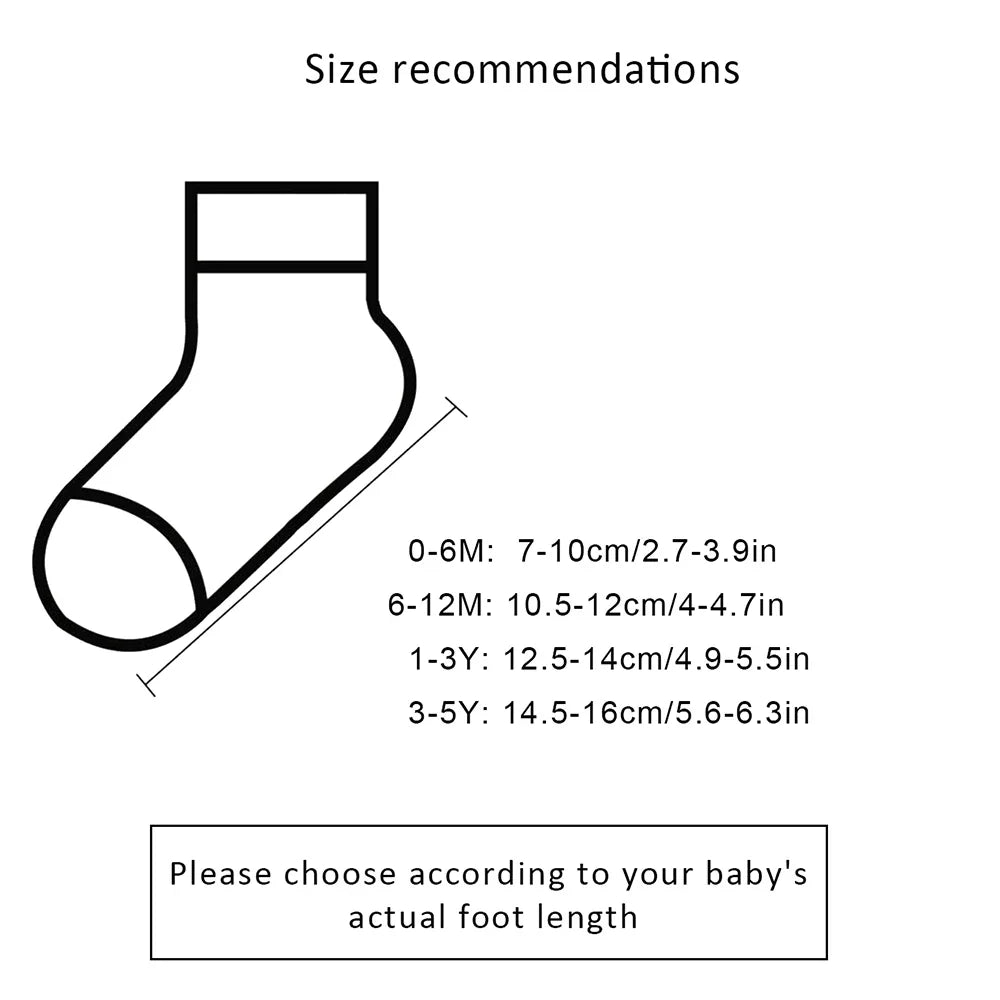 Baby sock size recommendation chart with foot lengths for 0-6M, 6-12M, 1-3Y, 3-5Y