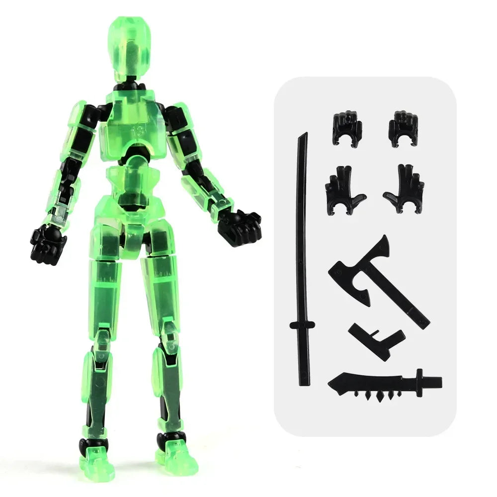 Transparent green multi-jointed action figure robot with black weapons and accessory parts