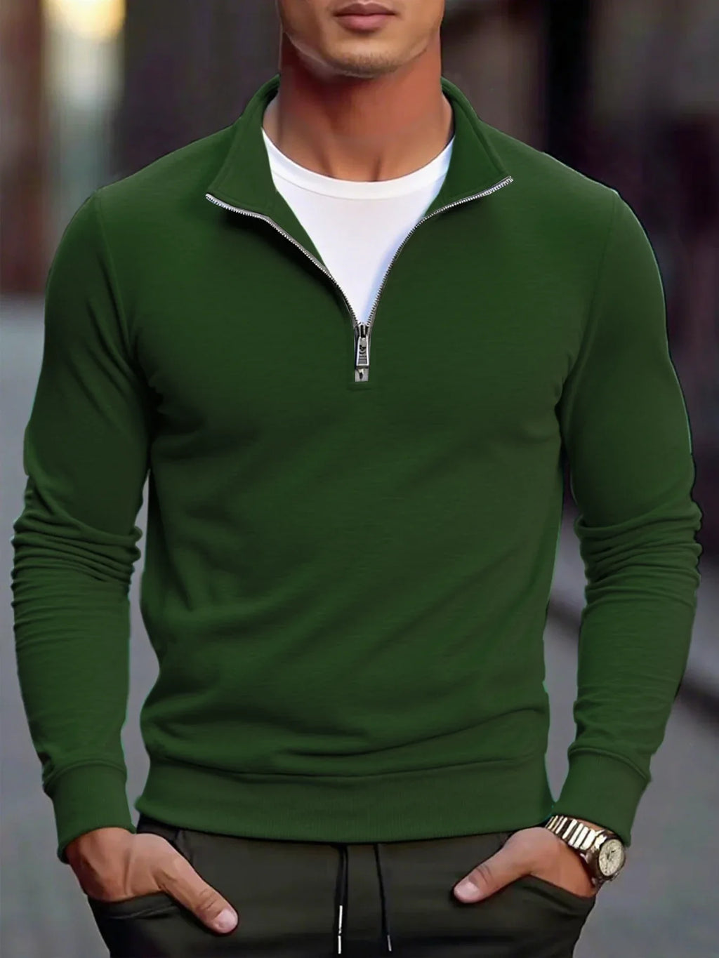 Men's pullover mock-neck sweatshirt, dark green, half-zip with ribbed trim