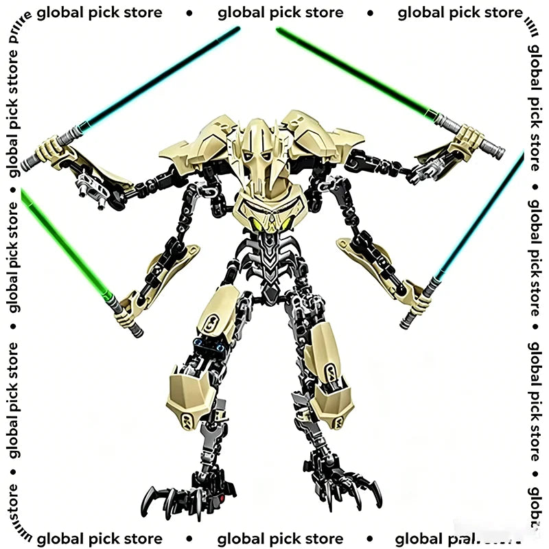 Buildable robot action figure in black and tan armor, posed with three saber accessories