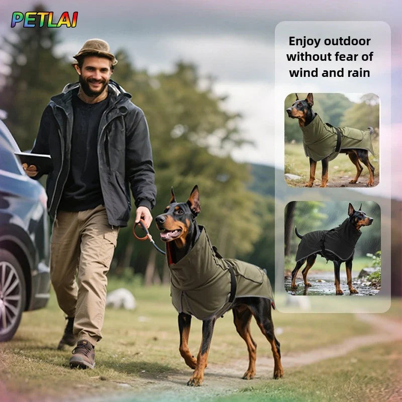 Olive waterproof dog rain jacket with hood and adjustable front straps