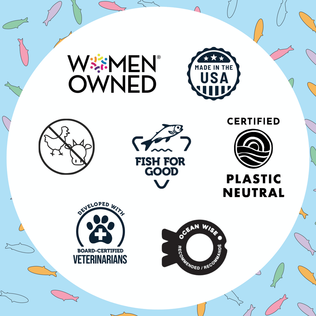 Circular certification seal with icons, including Fish for Good and Plastic Neutral.